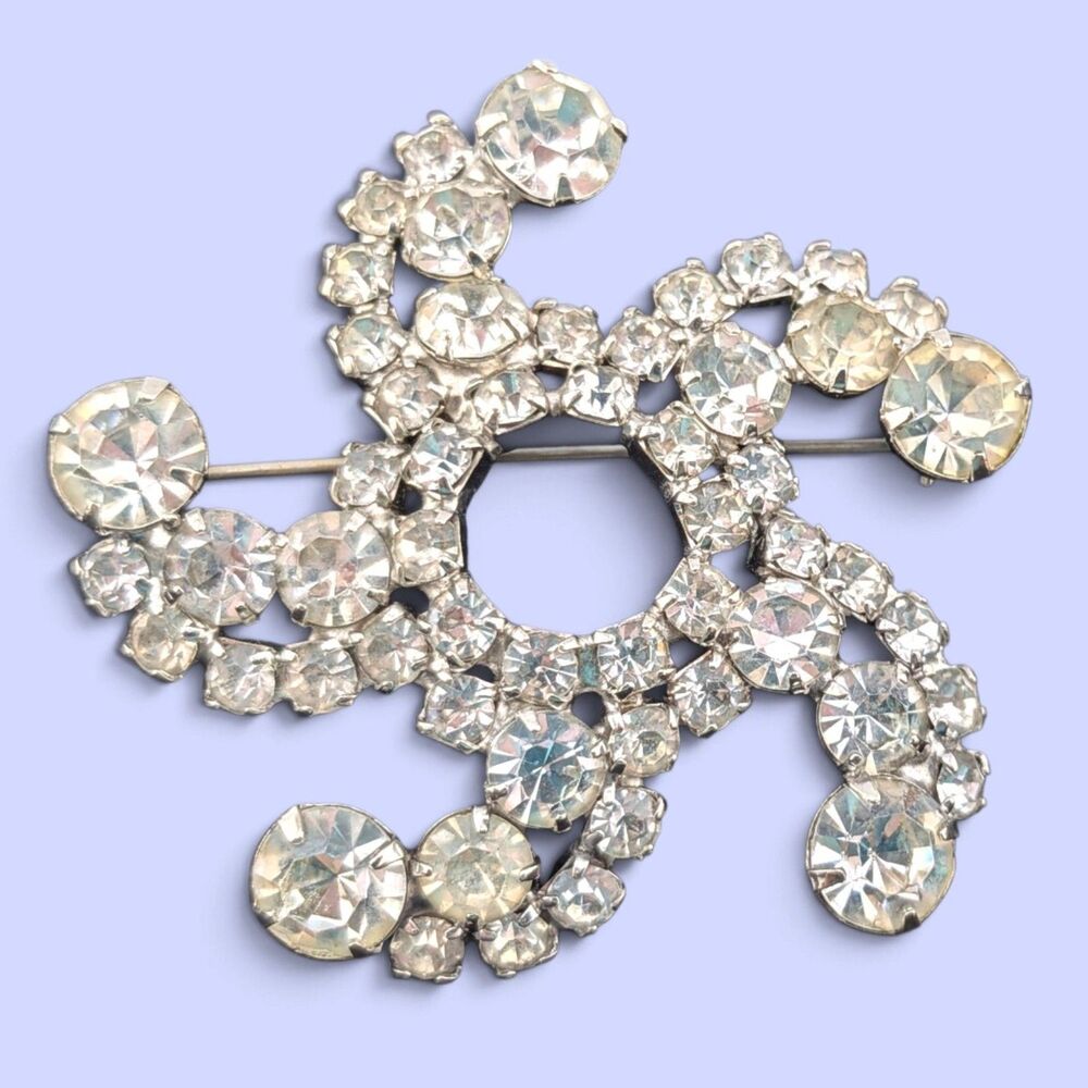 Clear Rhinestone 5 Swirl Brooch Silver Tone Openwork Statement Pin 2.25"